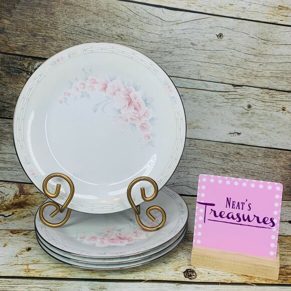 Noritake CARTHAGE Pink Flower Gray Leave Coupe Porcelain Lunch Salad Plate Set 4 - Picture 1 of 11
